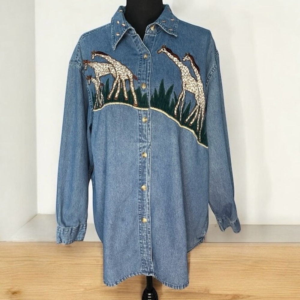 Women’s Denim Giraffe Shirt Button Up Jean Long Sleeve Y2K Sara Studio Sz Xl